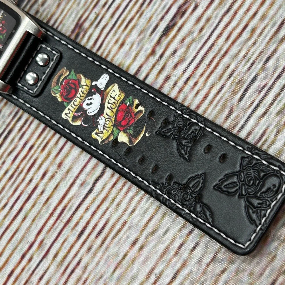 Disney Parks Mickey Mouse Tattoo‎ Style Cuff Watch Square Case In Box Old Stock